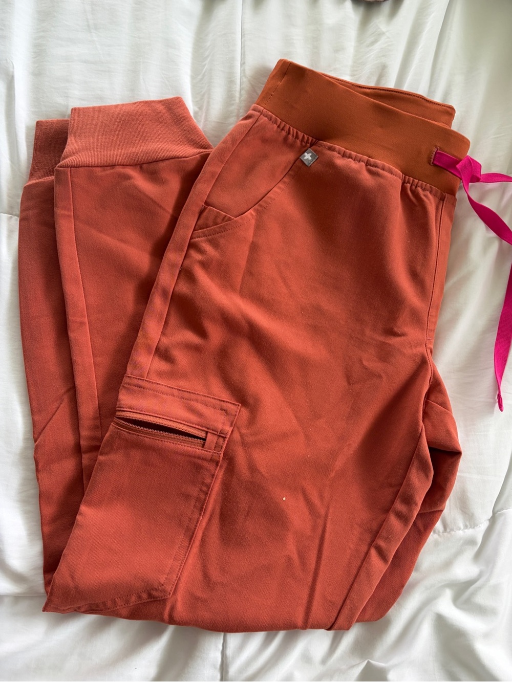 Figs Scrub Joggers in Rust with Pink Drawstring